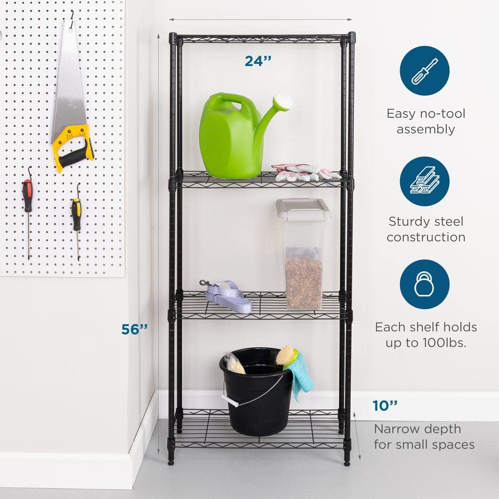 Honey Can Do Steel 24 in. W x 56 in. H x 10 in. D 4-Tier Space Saving Garage Storage Shelving Unit, Black