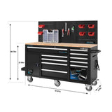 Frontier Heavy-Duty 62 in. W x 22 in. D 10-Drawer Black Tool Chest Mobile Workbench Cabinet with Pegboard Back Wall