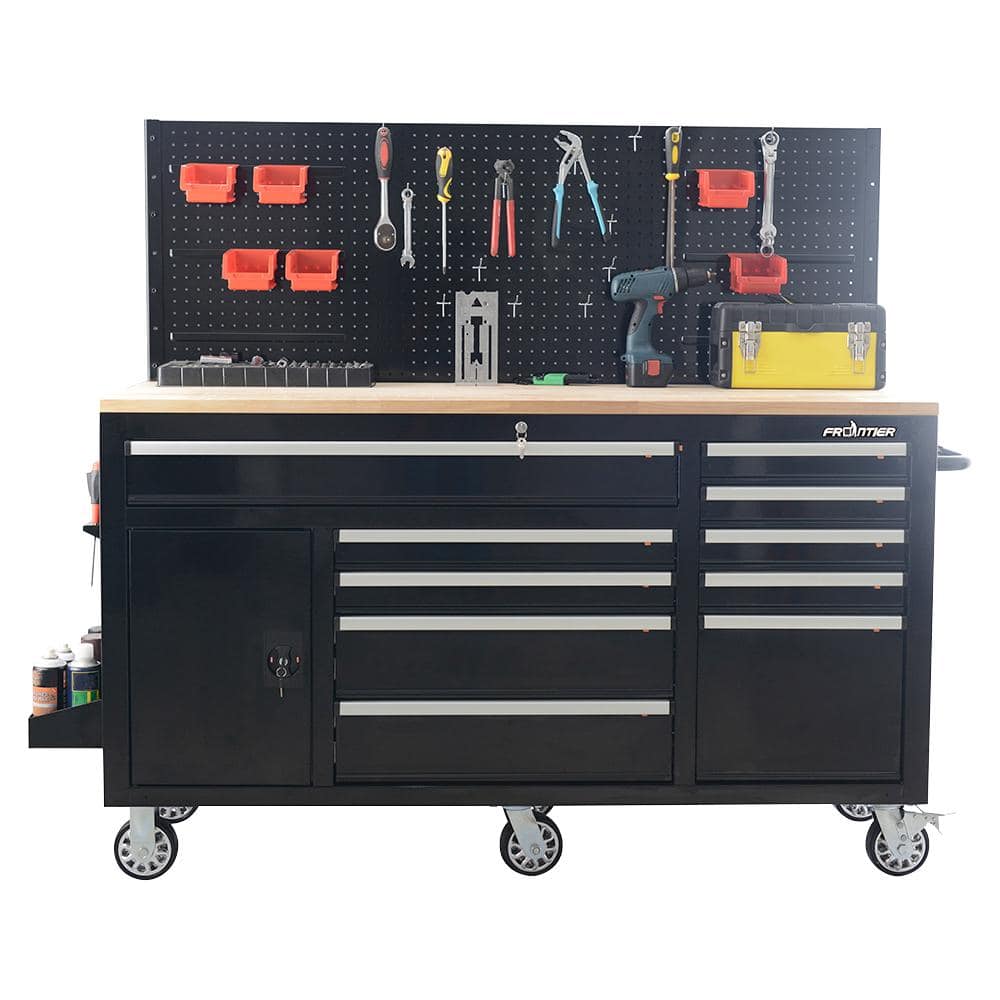 Frontier Heavy-Duty 62 in. W x 22 in. D 10-Drawer Black Tool Chest Mobile Workbench Cabinet with Pegboard Back Wall