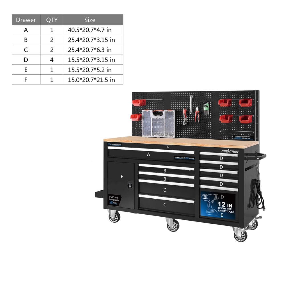 Frontier Heavy-Duty 62 in. W x 22 in. D 10-Drawer Black Tool Chest Mobile Workbench Cabinet with Pegboard Back Wall