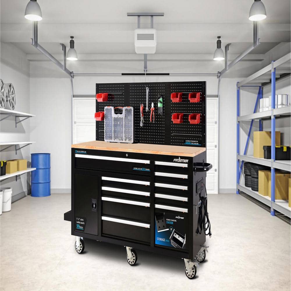 Frontier Heavy-Duty 62 in. W x 22 in. D 10-Drawer Black Tool Chest Mobile Workbench Cabinet with Pegboard Back Wall