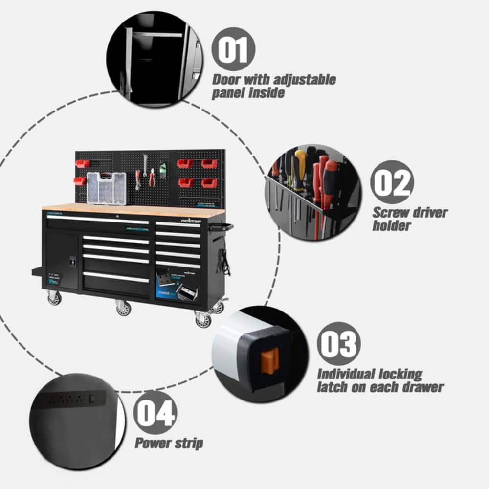 Frontier Heavy-Duty 62 in. W x 22 in. D 10-Drawer Black Tool Chest Mobile Workbench Cabinet with Pegboard Back Wall