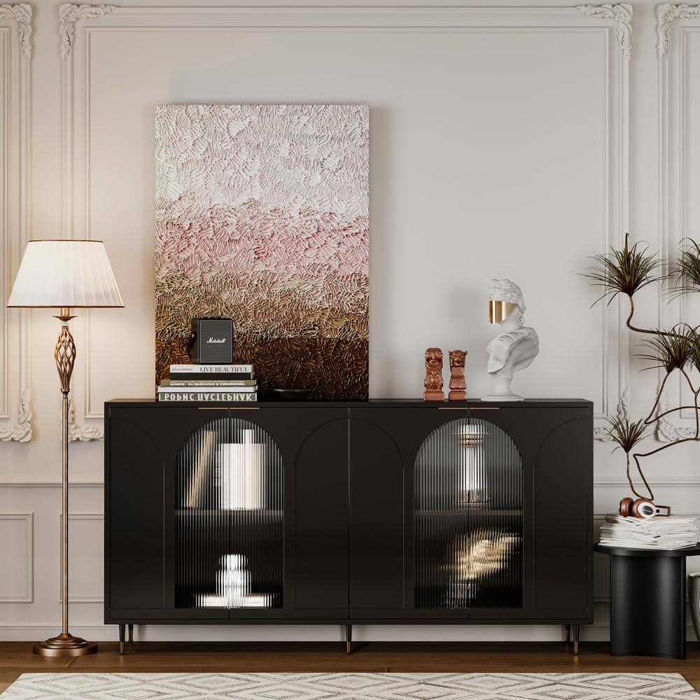 FUNKOL 15.75-in W x 59.84-in D x 33.46-in H in Black Lacquered Wooden Ready to Assemble Floor Kitchen Cabinet with Storage