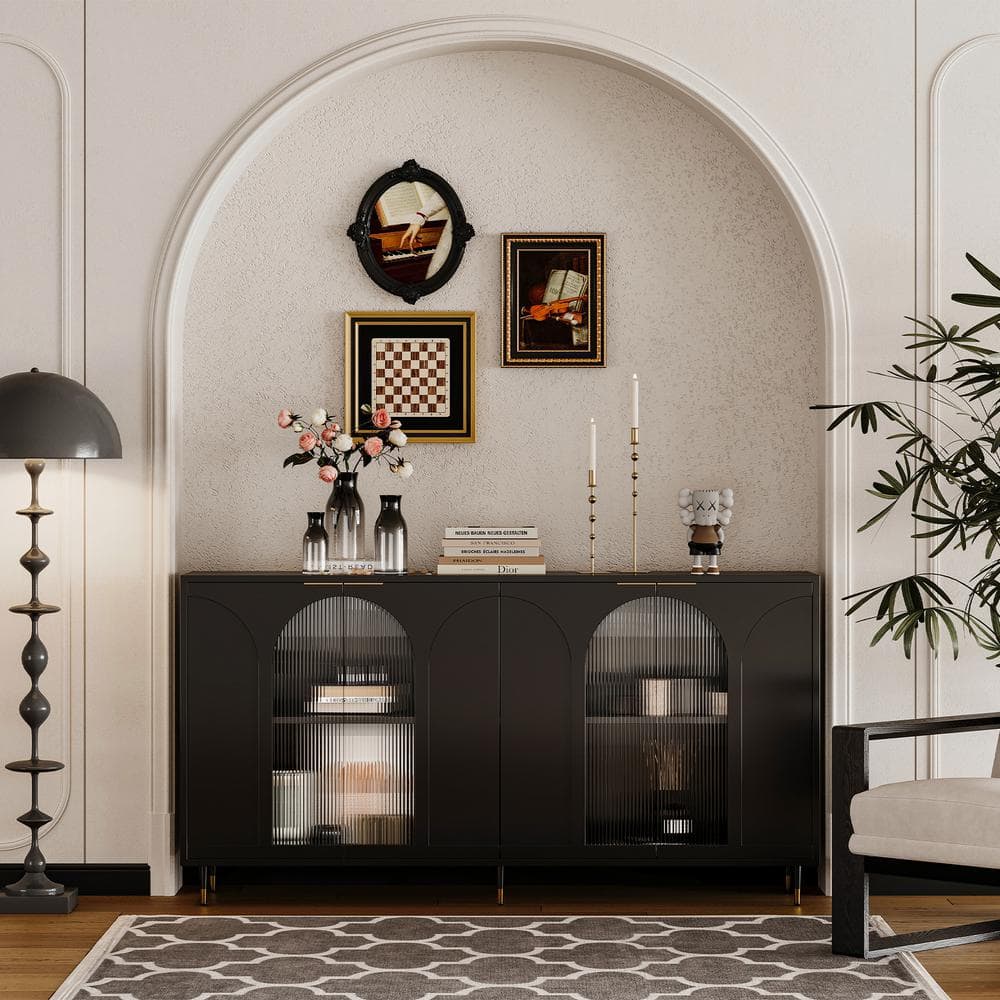 FUNKOL 15.75-in W x 59.84-in D x 33.46-in H in Black Lacquered Wooden Ready to Assemble Floor Kitchen Cabinet with Storage