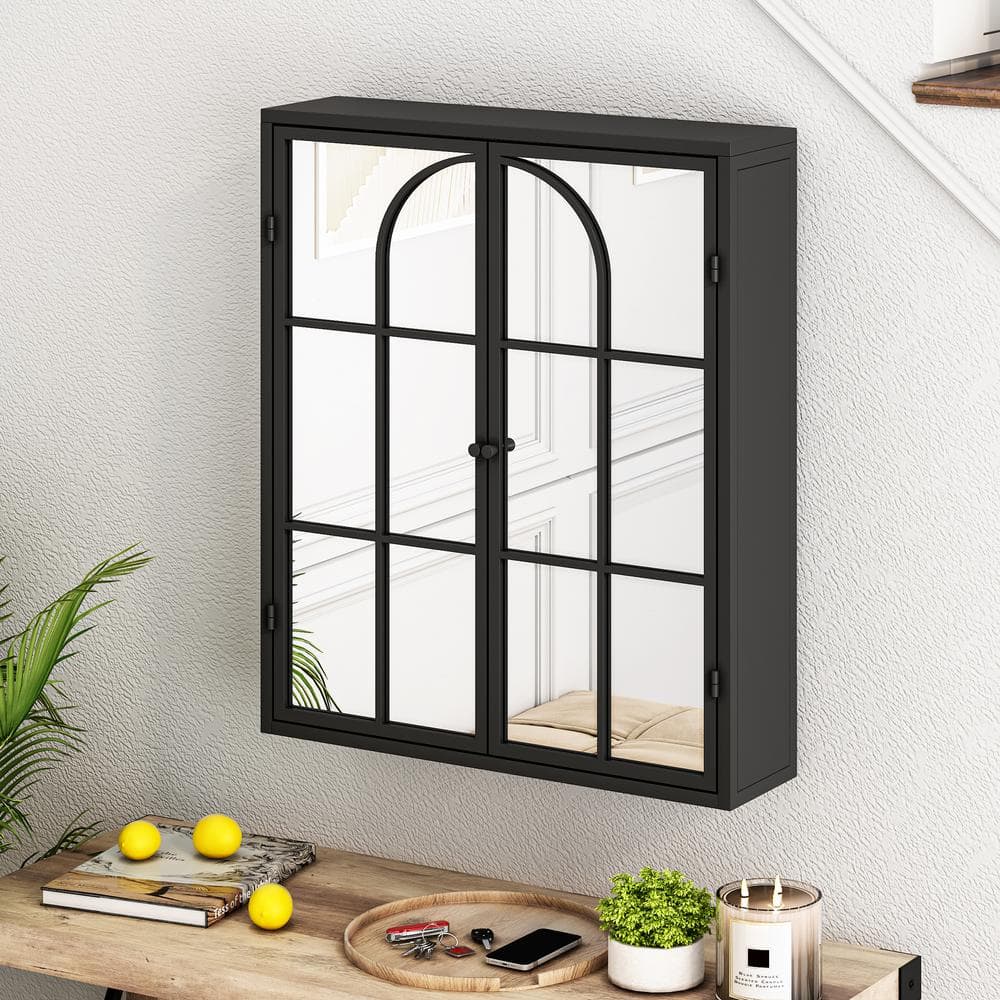 FUNKOL 5.91-in W x 23.62-in D x 27.56-in H in Black Iron Ready to Assemble Wall Kitchen Cabinet with Mirror