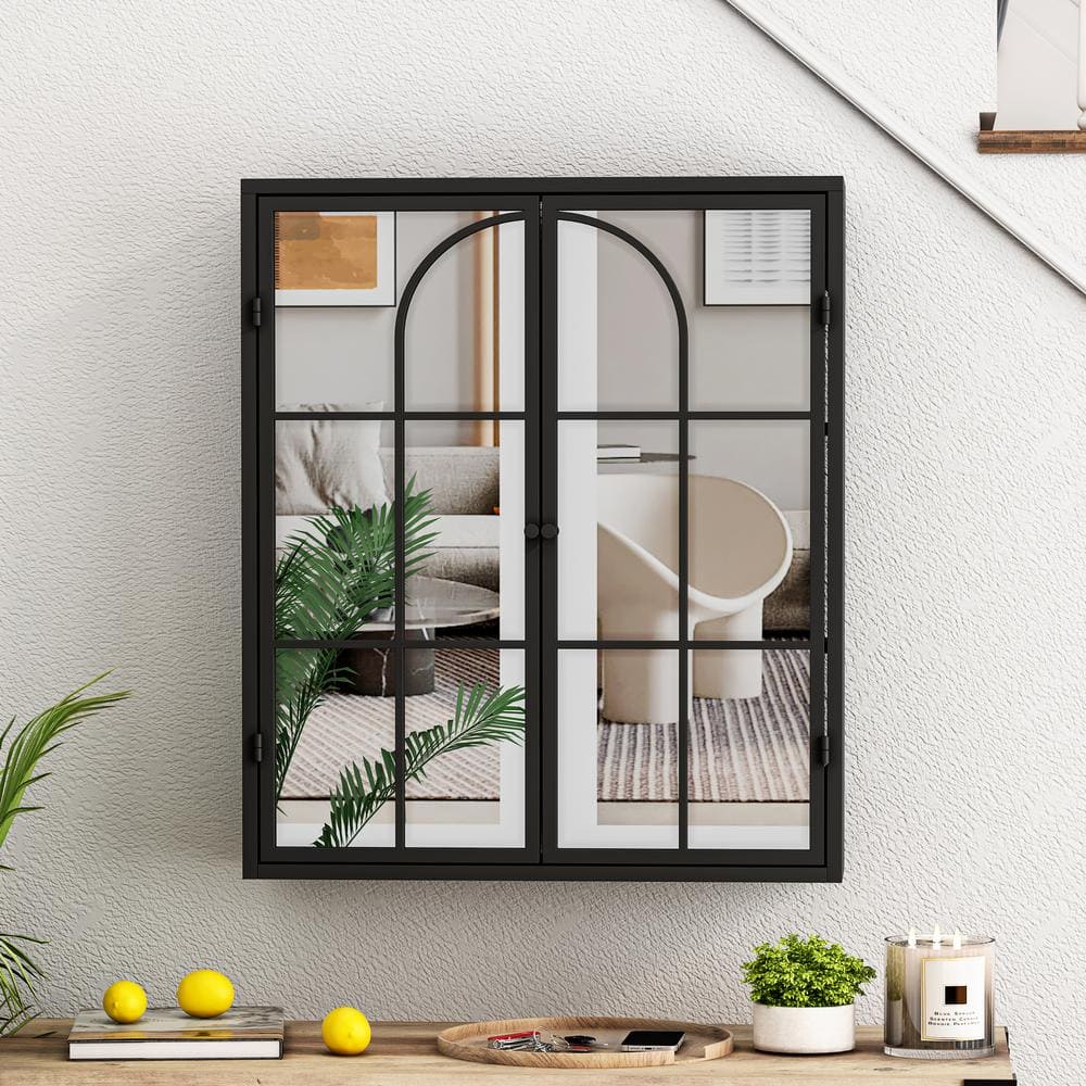 FUNKOL 5.91-in W x 23.62-in D x 27.56-in H in Black Iron Ready to Assemble Wall Kitchen Cabinet with Mirror