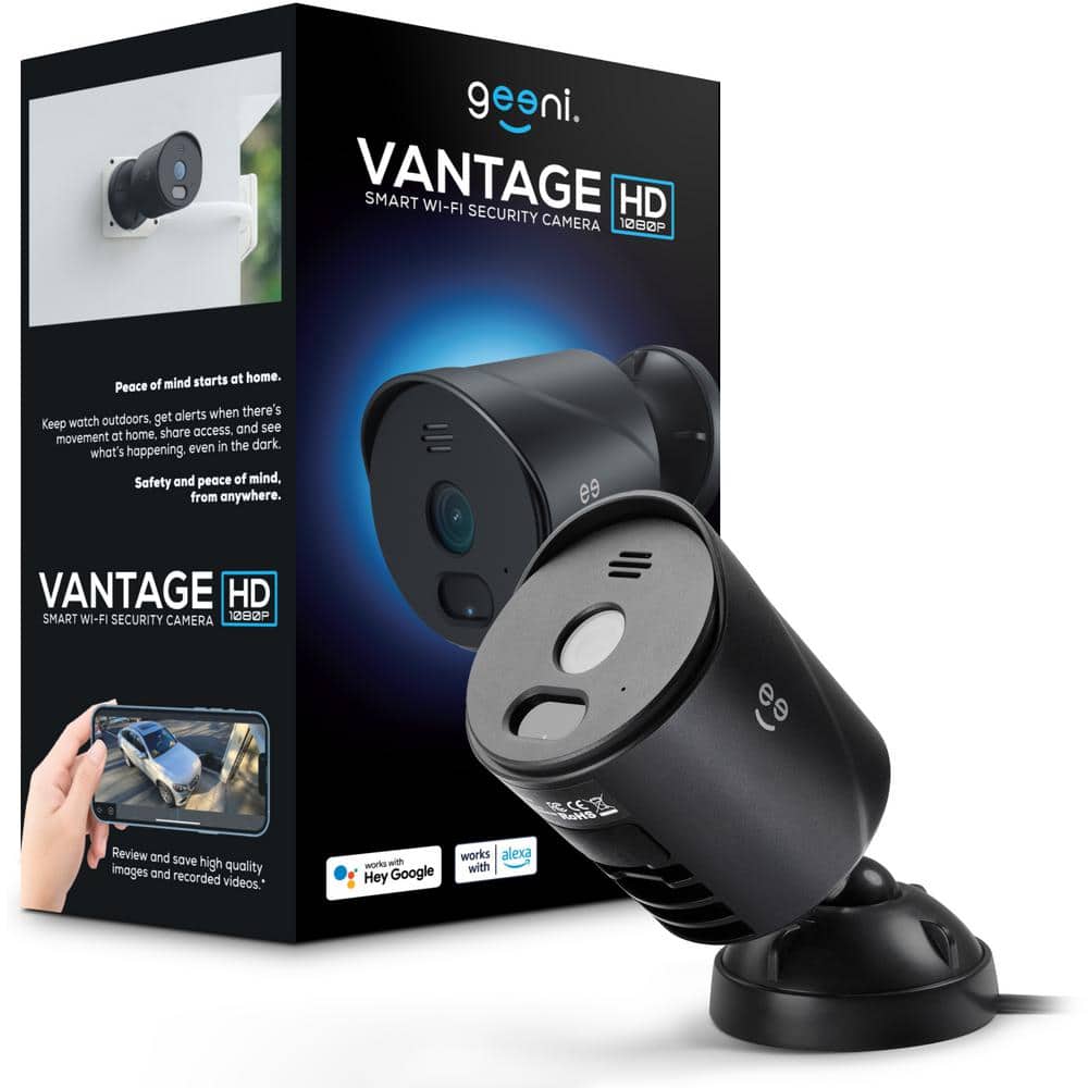 Geeni Vantage Outdoor Plug-In Security Camera IP65 Waterproof, 2-Way Audio, Night Vision, Works with Alexa and Google Home