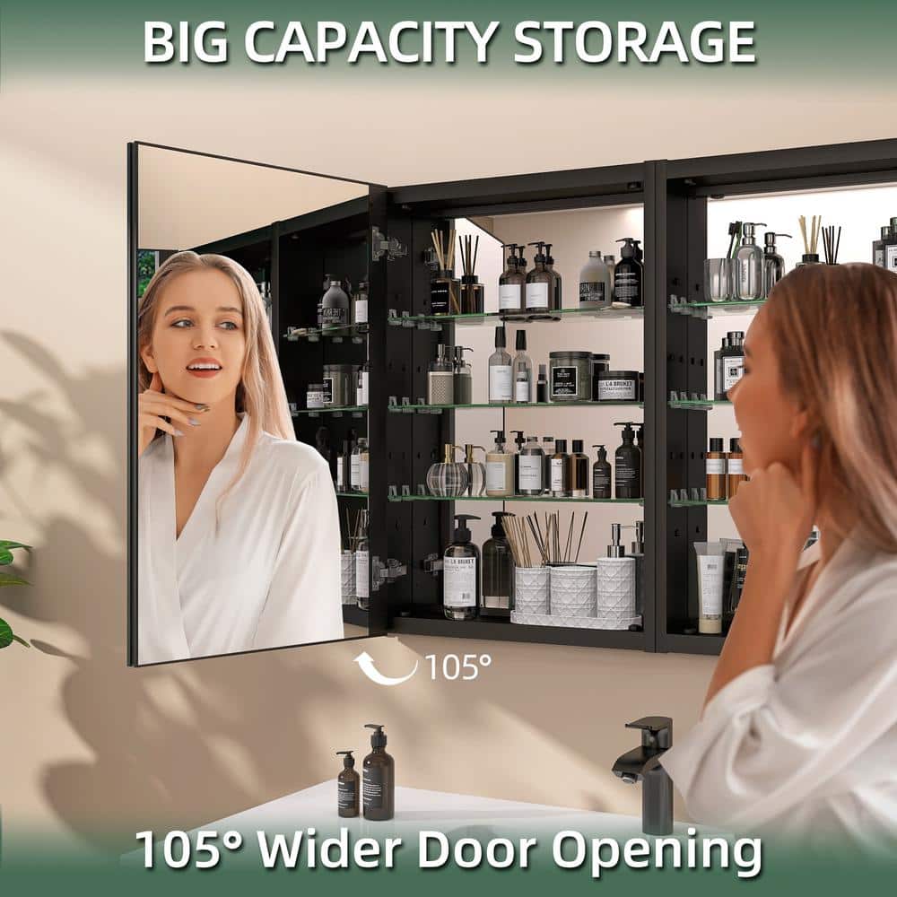 Getpro 40 in. W x 30 in. H Rectangular Black Aluminum Frameless Recessed/Surface Mount Bathroom Medicine Cabinet with Mirror