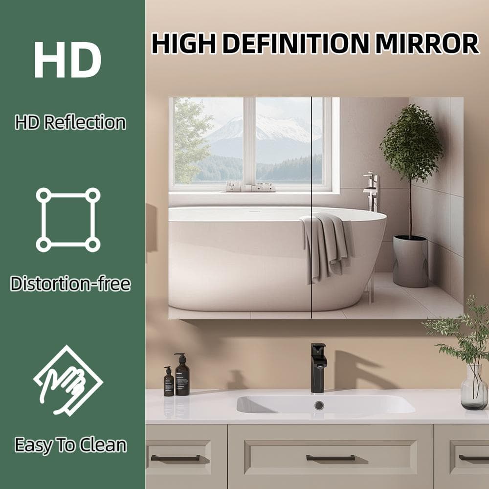 Getpro 40 in. W x 30 in. H Rectangular Black Aluminum Frameless Recessed/Surface Mount Bathroom Medicine Cabinet with Mirror
