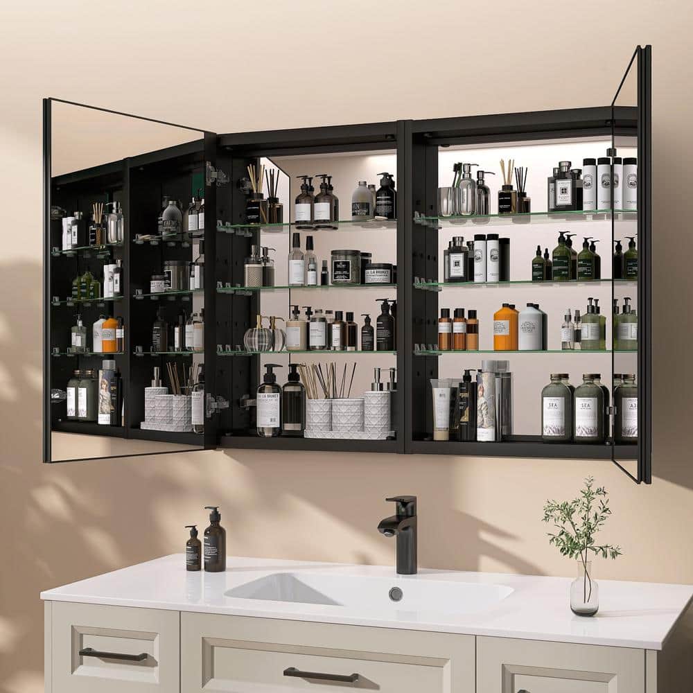 Getpro 40 in. W x 30 in. H Rectangular Black Aluminum Frameless Recessed/Surface Mount Bathroom Medicine Cabinet with Mirror