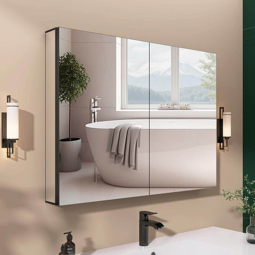 Getpro 40 in. W x 30 in. H Rectangular Black Aluminum Frameless Recessed/Surface Mount Bathroom Medicine Cabinet with Mirror