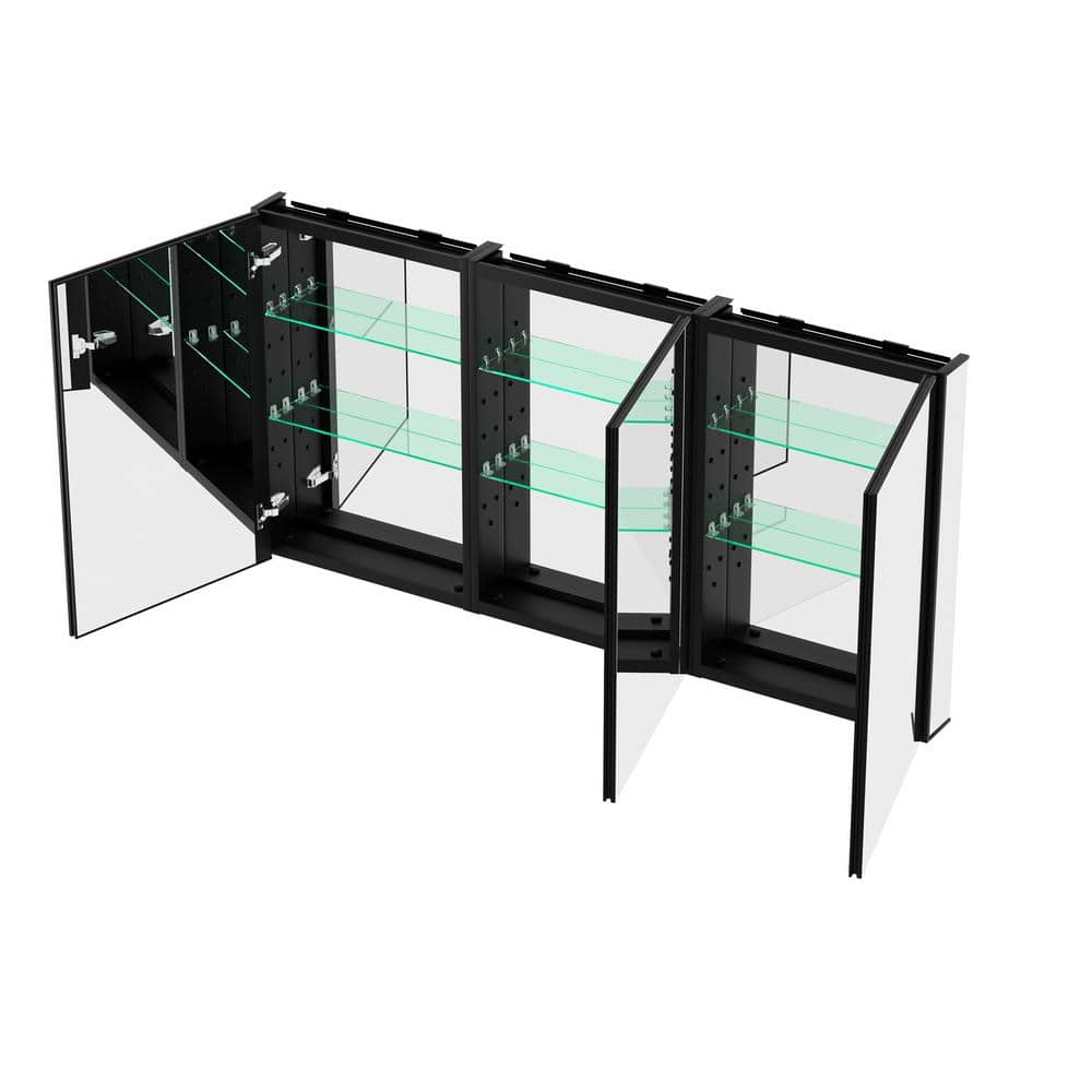 Getpro 60 in. W x 30 in. H Rectangular Frameless Black Aluminum Tri-view Recessed or Surface Mount Medicine Cabinet with Mirror