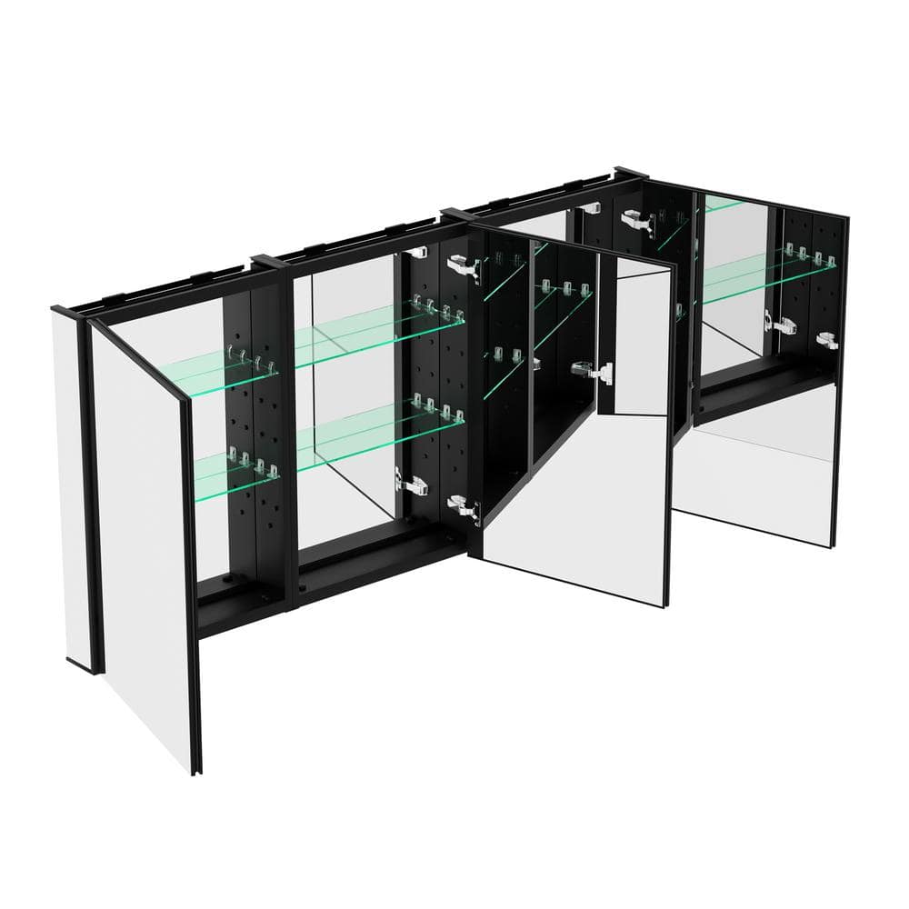 Getpro 60 in. W x 30 in. H Rectangular Frameless Black Aluminum Tri-view Recessed or Surface Mount Medicine Cabinet with Mirror
