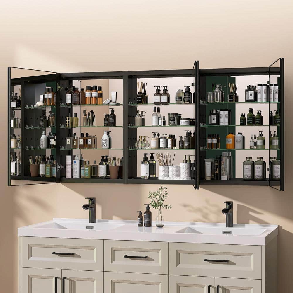 Getpro 60 in. W x 30 in. H Rectangular Frameless Black Aluminum Tri-view Recessed or Surface Mount Medicine Cabinet with Mirror