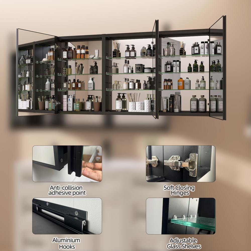 Getpro 60 in. W x 30 in. H Rectangular Frameless Black Aluminum Tri-view Recessed or Surface Mount Medicine Cabinet with Mirror