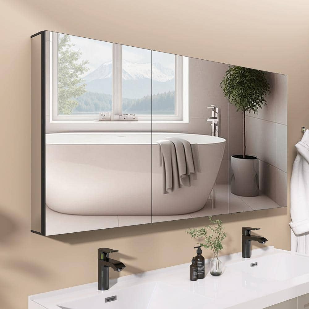 Getpro 60 in. W x 30 in. H Rectangular Frameless Black Aluminum Tri-view Recessed or Surface Mount Medicine Cabinet with Mirror