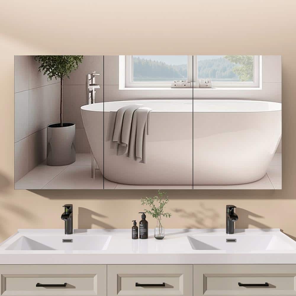 Getpro 60 in. W x 30 in. H Rectangular Aluminum Medicine Cabinet with Mirrors for Bathroom Frameless Recessed or Surface Mount