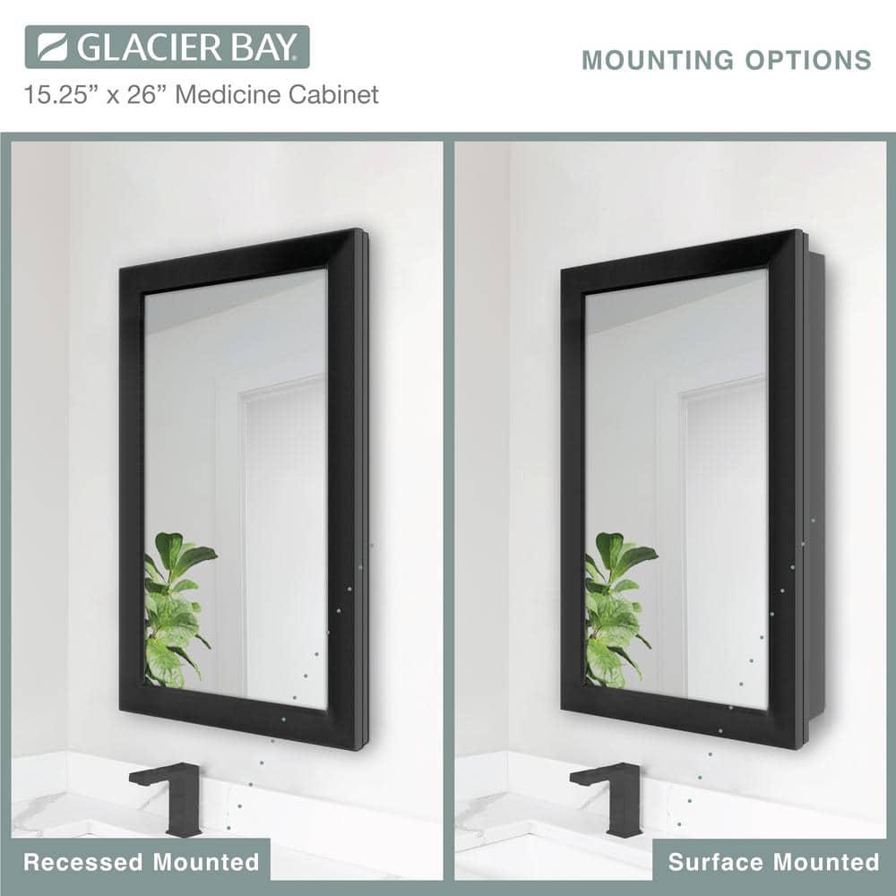 Glacier Bay 15-1/4 in. W x 26 in. H Rectangular Framed Recessed or Surface-Mount Bathroom Medicine Cabinet with Mirror, Black