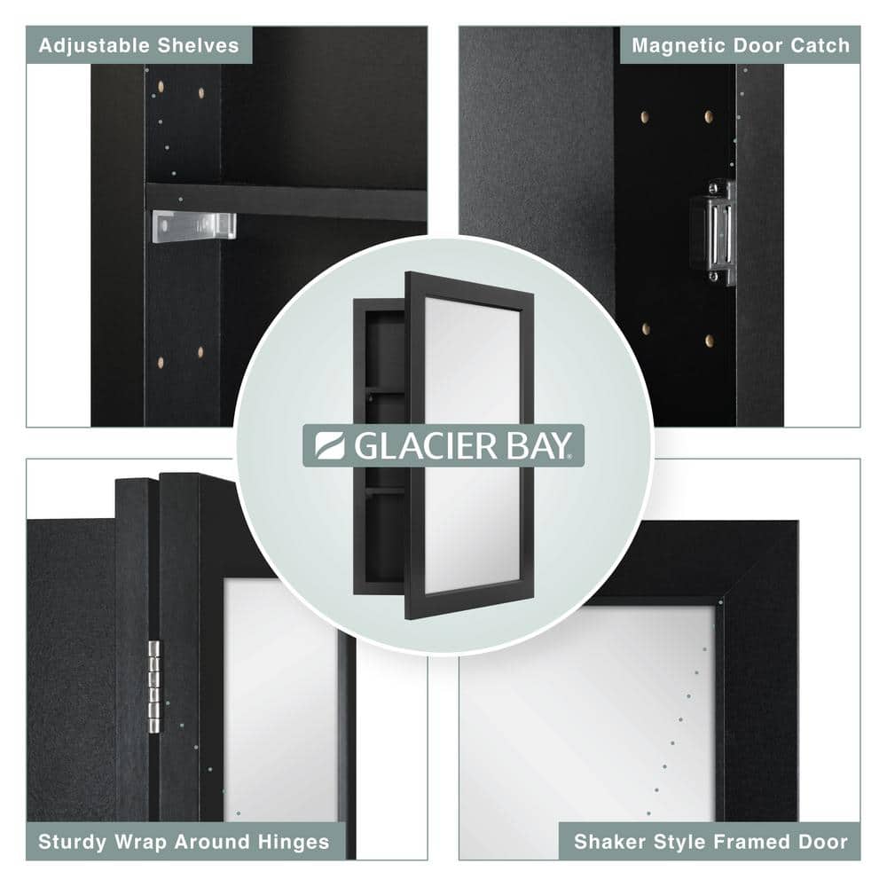 Glacier Bay 15-1/4 in. W x 26 in. H Rectangular Framed Recessed or Surface-Mount Bathroom Medicine Cabinet with Mirror, Black