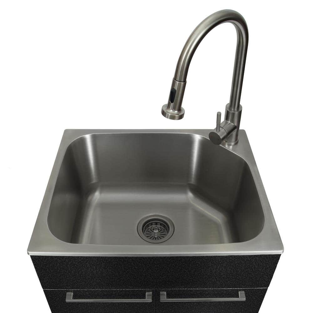 Glacier Bay Stainless Steel Laundry Sink with Faucet and Double Door Cabinet in Black