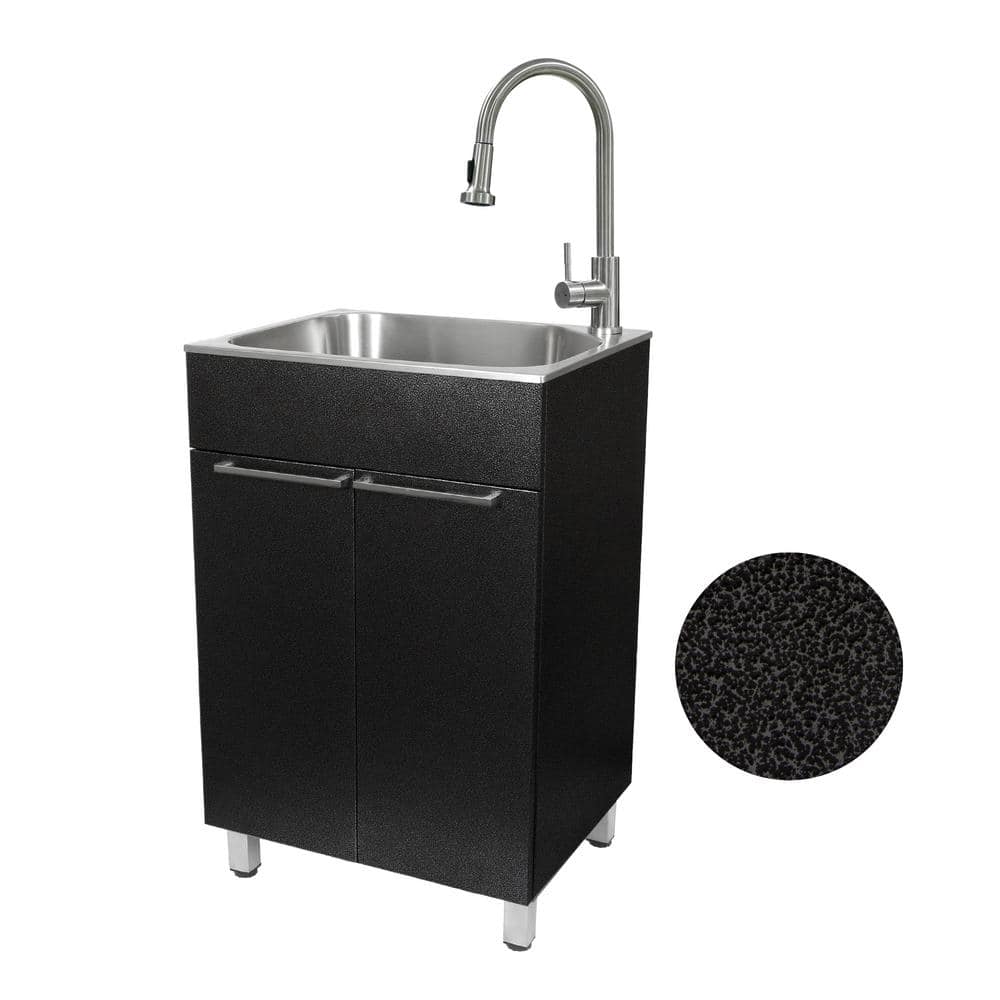 Glacier Bay Stainless Steel Laundry Sink with Faucet and Double Door Cabinet in Black