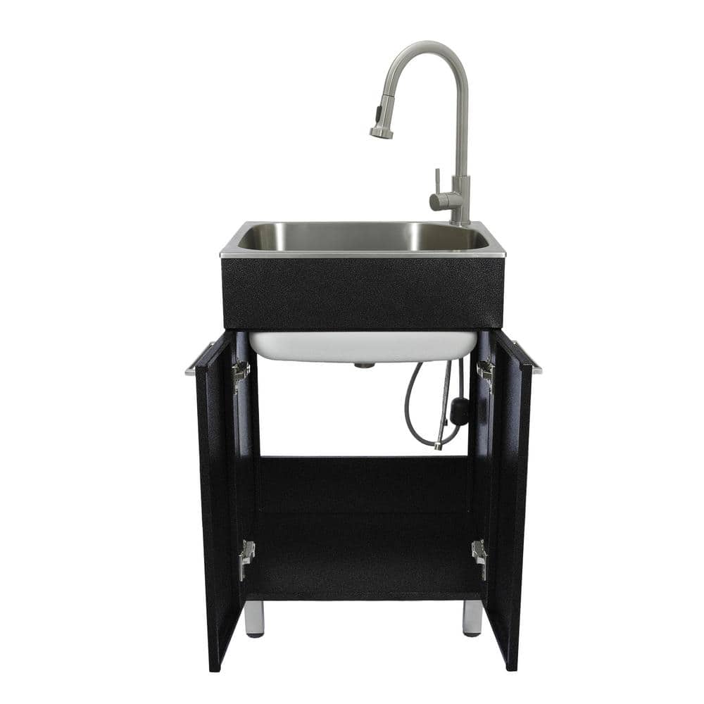 Glacier Bay Stainless Steel Laundry Sink with Faucet and Double Door Cabinet in Black