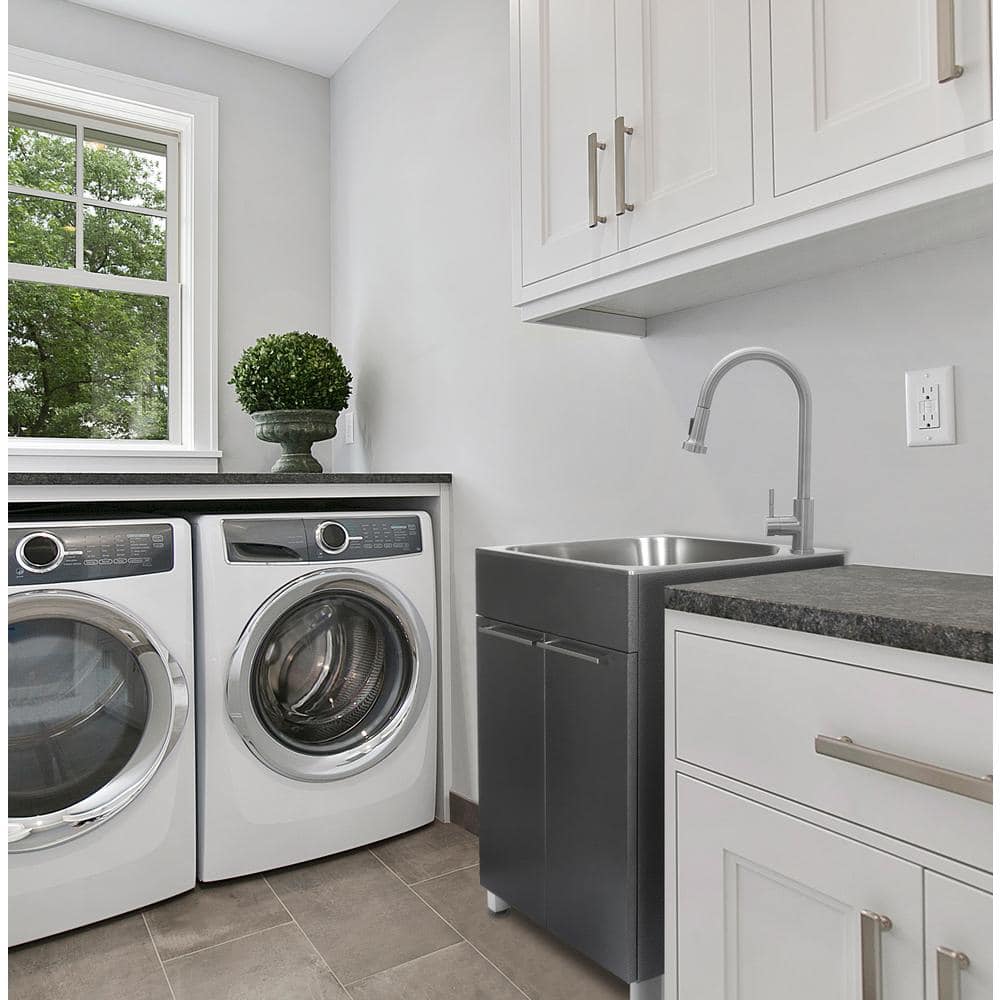 Glacier Bay Stainless Steel Laundry Sink with Faucet & Double Door Cabinet in Black