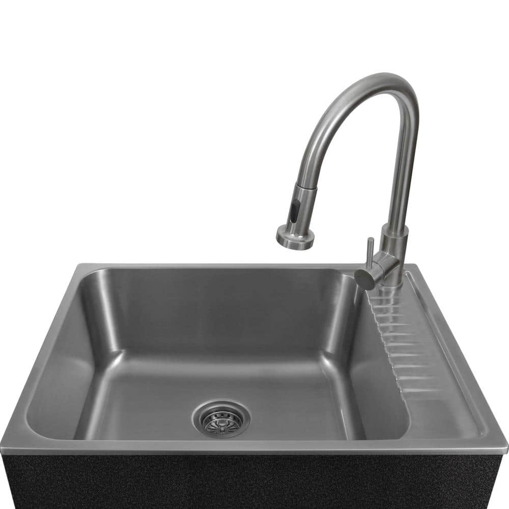 Glacier Bay 28 in. W x 10 in. D x 22 in. L Freestanding Stainless Steel Laundry Sink with Faucet and Double Door Cabinet in Black