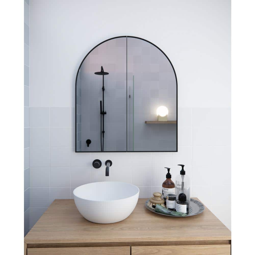Glass Warehouse Aria 30 in. x 34 in. x 5 in. in. Arched Recessed Medicine Cabinet in Black with Mirror