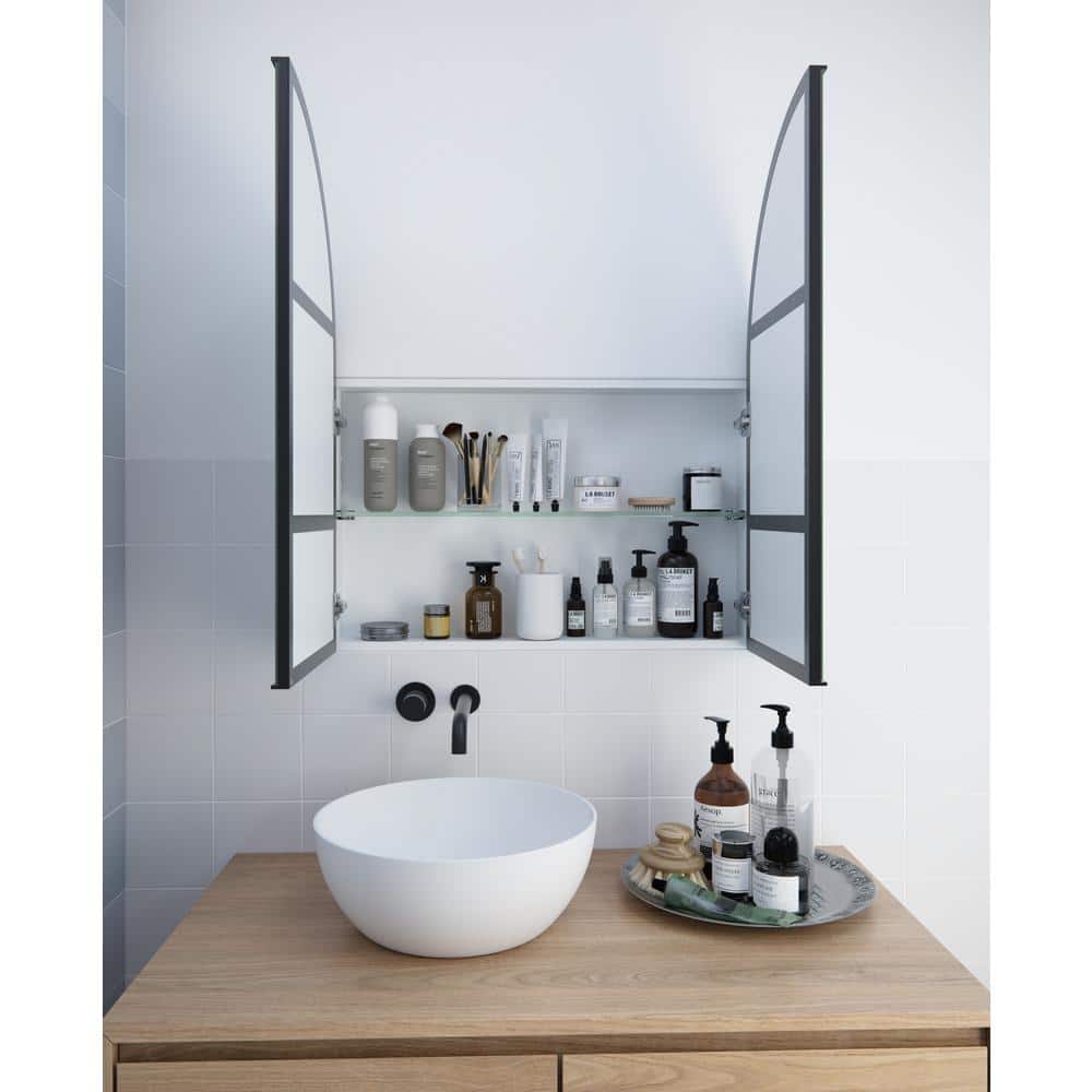 Glass Warehouse Aria 30 in. x 34 in. x 5 in. in. Arched Recessed Medicine Cabinet in Black with Mirror