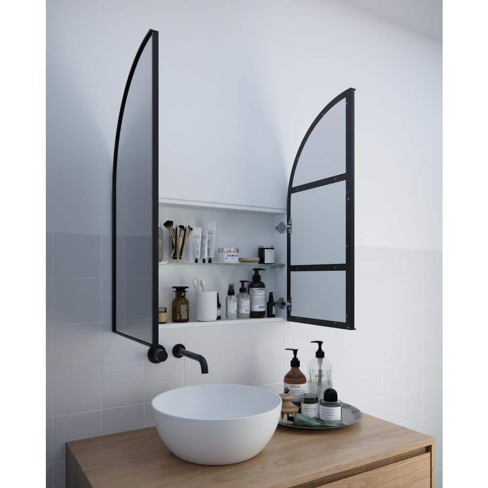 Glass Warehouse Aria 30 in. x 34 in. x 5 in. in. Arched Recessed Medicine Cabinet in Black with Mirror