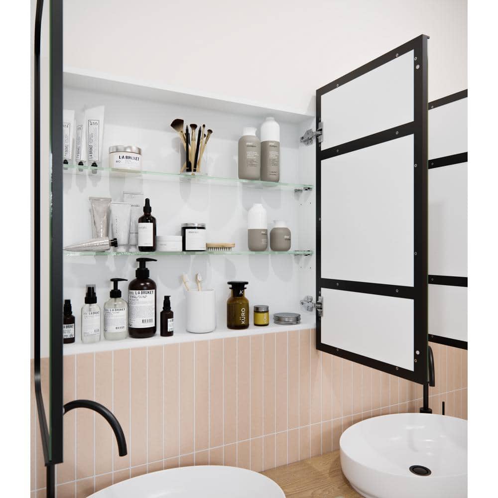 Glass Warehouse Calla 48 in. W x 32 in. H x 5 in. D Black Recessed Medicine Cabinet with Mirror