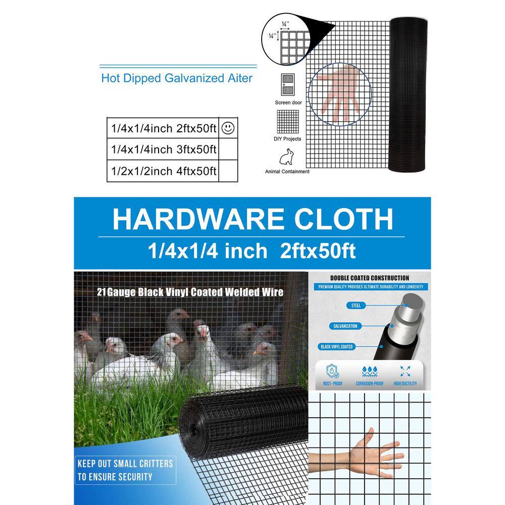 GOGEXX 1/4 in. x 2 ft. x 50 ft. Black Vinyl Coated Hardware Cloth 21-Gauge Black Welded Wire Fence Garden and Plant Support