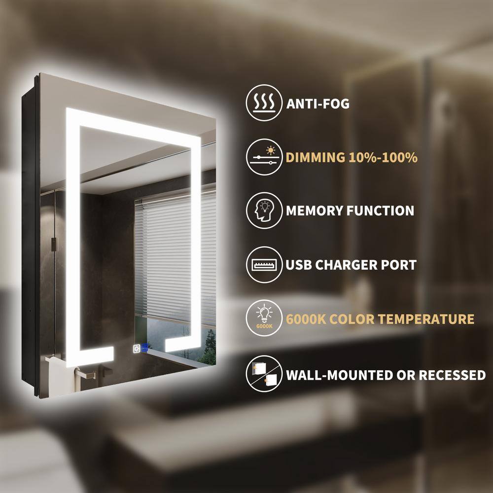 GroGro Velux 20 in. W x 26 in. H Rectangular Aluminum Recessed/Surface Mount Right Dimmable Medicine Cabinet with Mirror LED