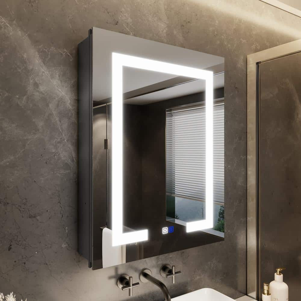 GroGro Velux 20 in. W x 26 in. H Rectangular Aluminum Recessed/Surface Mount Right Dimmable Medicine Cabinet with Mirror LED