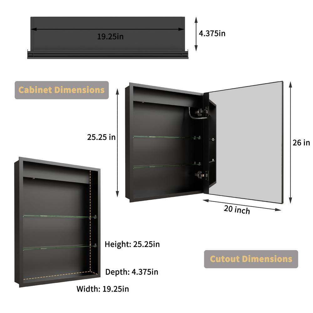 GroGro Velux 20 in. W x 26 in. H Rectangular Aluminum Recessed/Surface Mount Right Dimmable Medicine Cabinet with Mirror LED