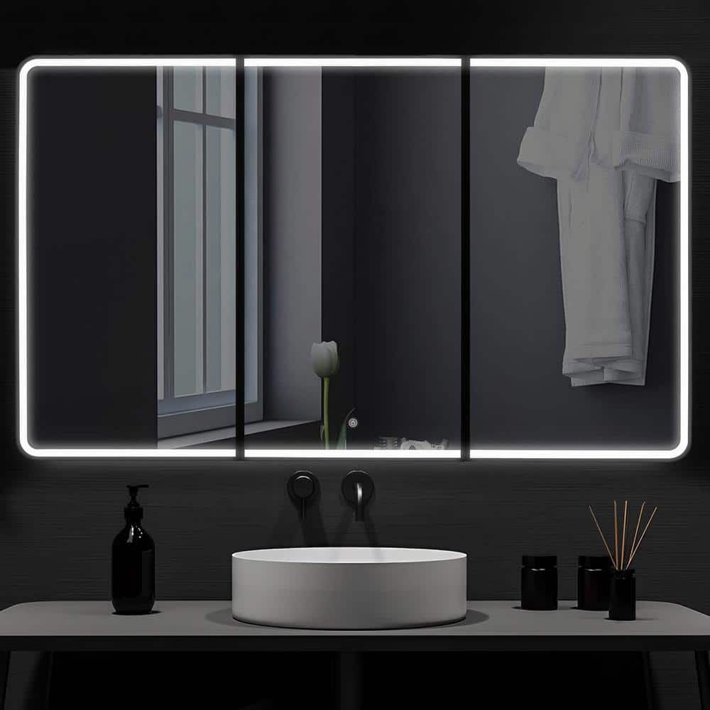 grossag 60 in. W x 36 in. H Rectangular LED Tri-View Medicine Cabinet with Mirror and Built-In Defogging, Easy Hang System