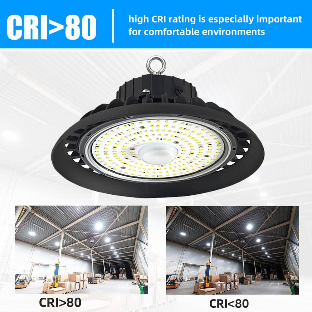 Honbei 11 in. 450-Watt Equivalent Integrated LED Dimmable Black High Bay Light, 5000K UFO High Bay LED Lights for Workshop