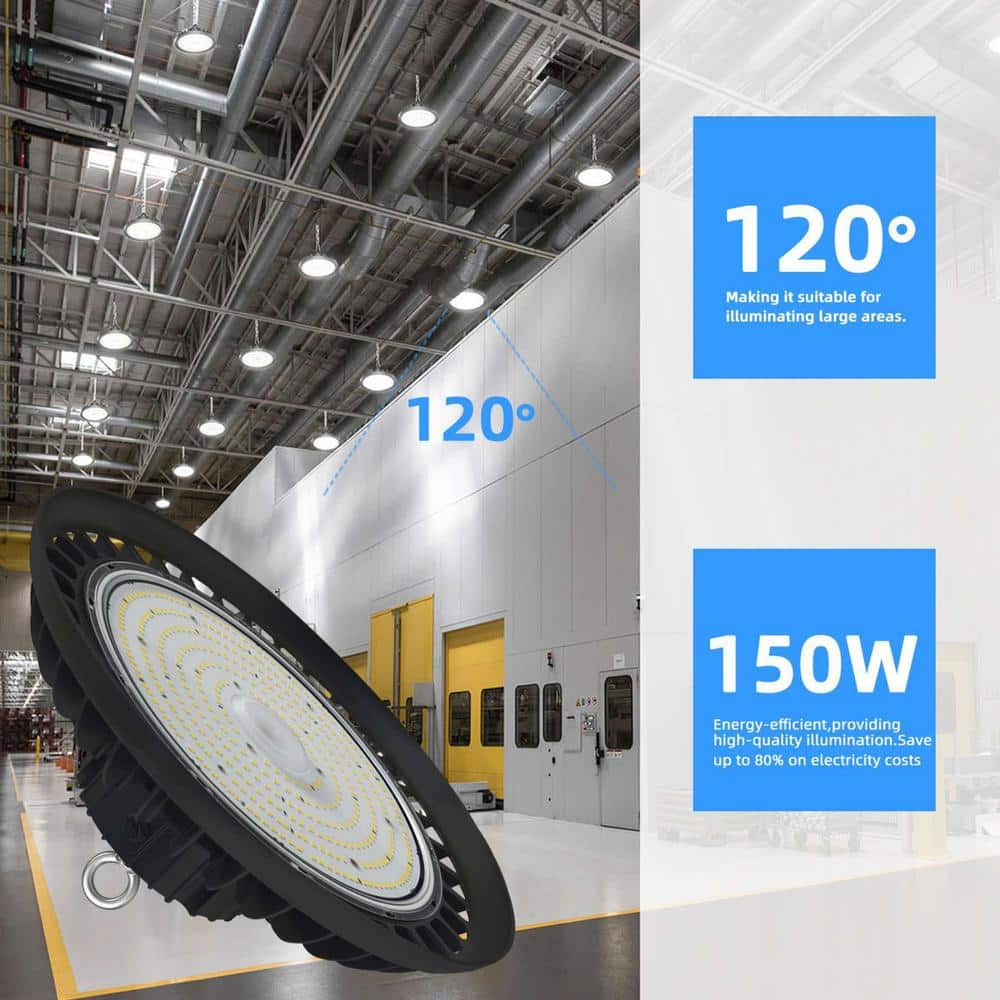 Honbei 11 in. 450-Watt Equivalent Integrated LED Dimmable Black High Bay Light 5000K UFO High Bay LED Light for Workshop 3-Pack
