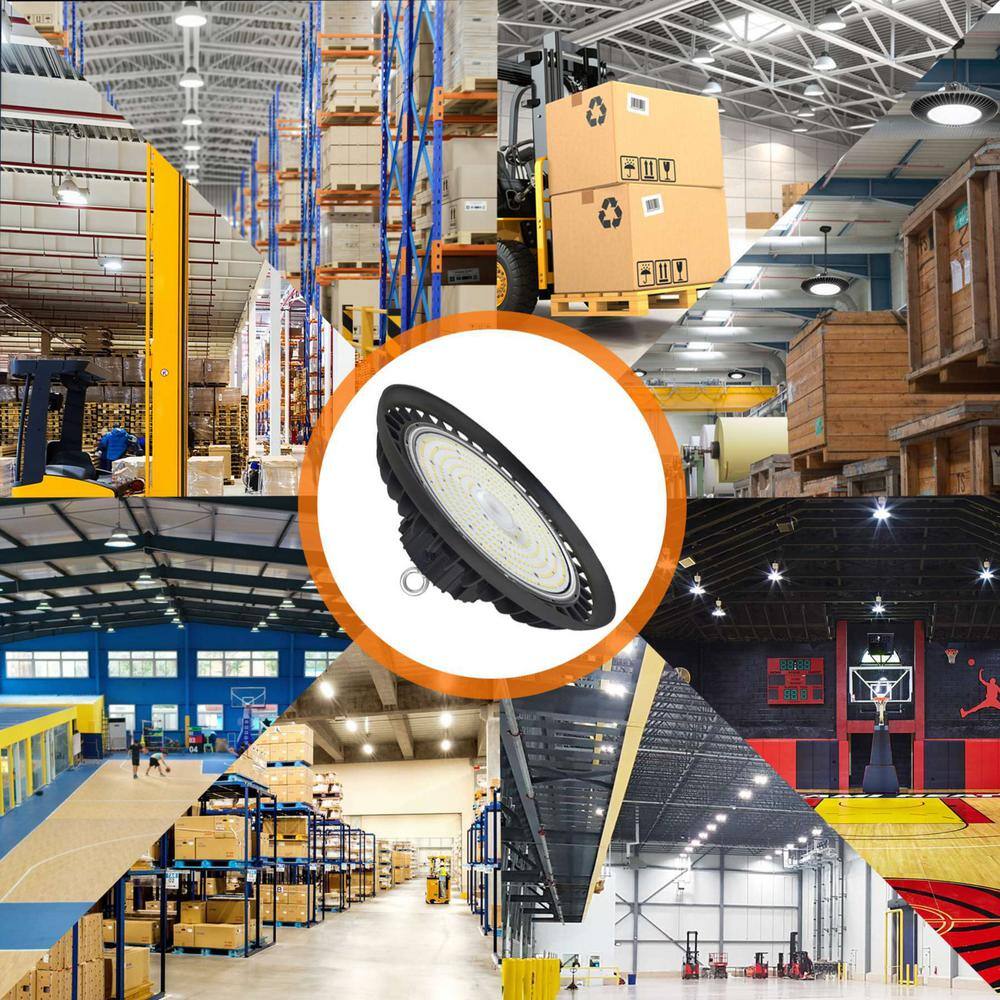 Honbei 11 in. 450-Watt Equivalent Integrated LED Dimmable Black High Bay Light 5000K UFO High Bay LED Light for Workshop 3-Pack