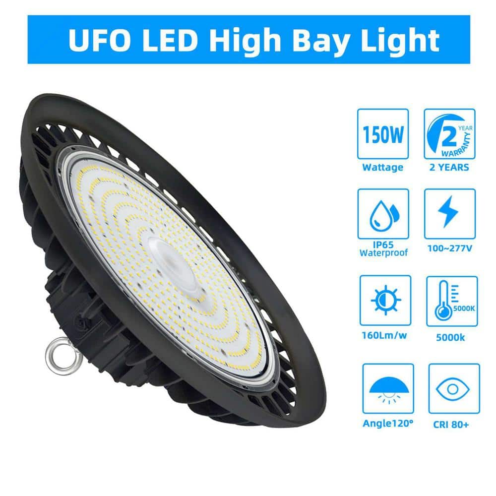 Honbei 11 in. 450-Watt Equivalent Integrated LED Dimmable Black High Bay Light 5000K UFO High Bay LED Light for Workshop 3-Pack