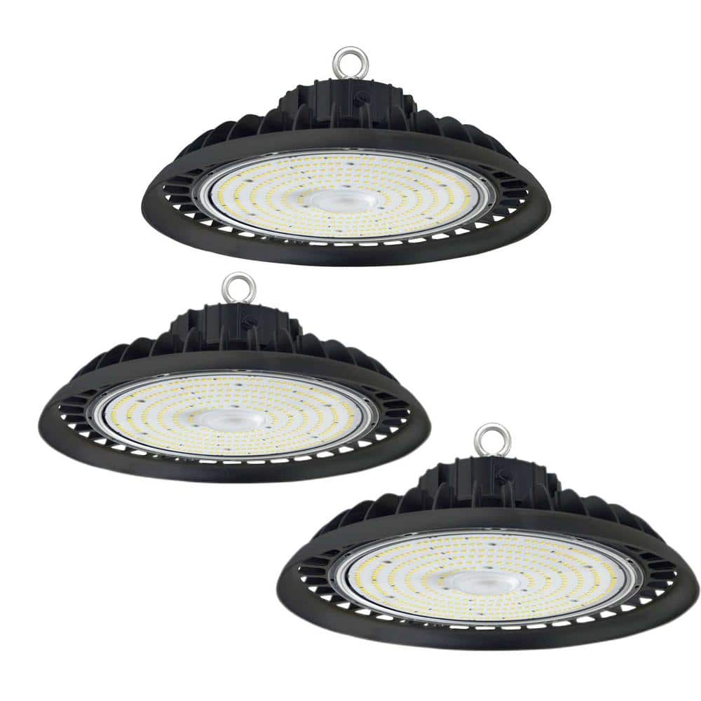 Honbei 11 in. 450-Watt Equivalent Integrated LED Dimmable Black High Bay Light 5000K UFO High Bay LED Light for Workshop 3-Pack