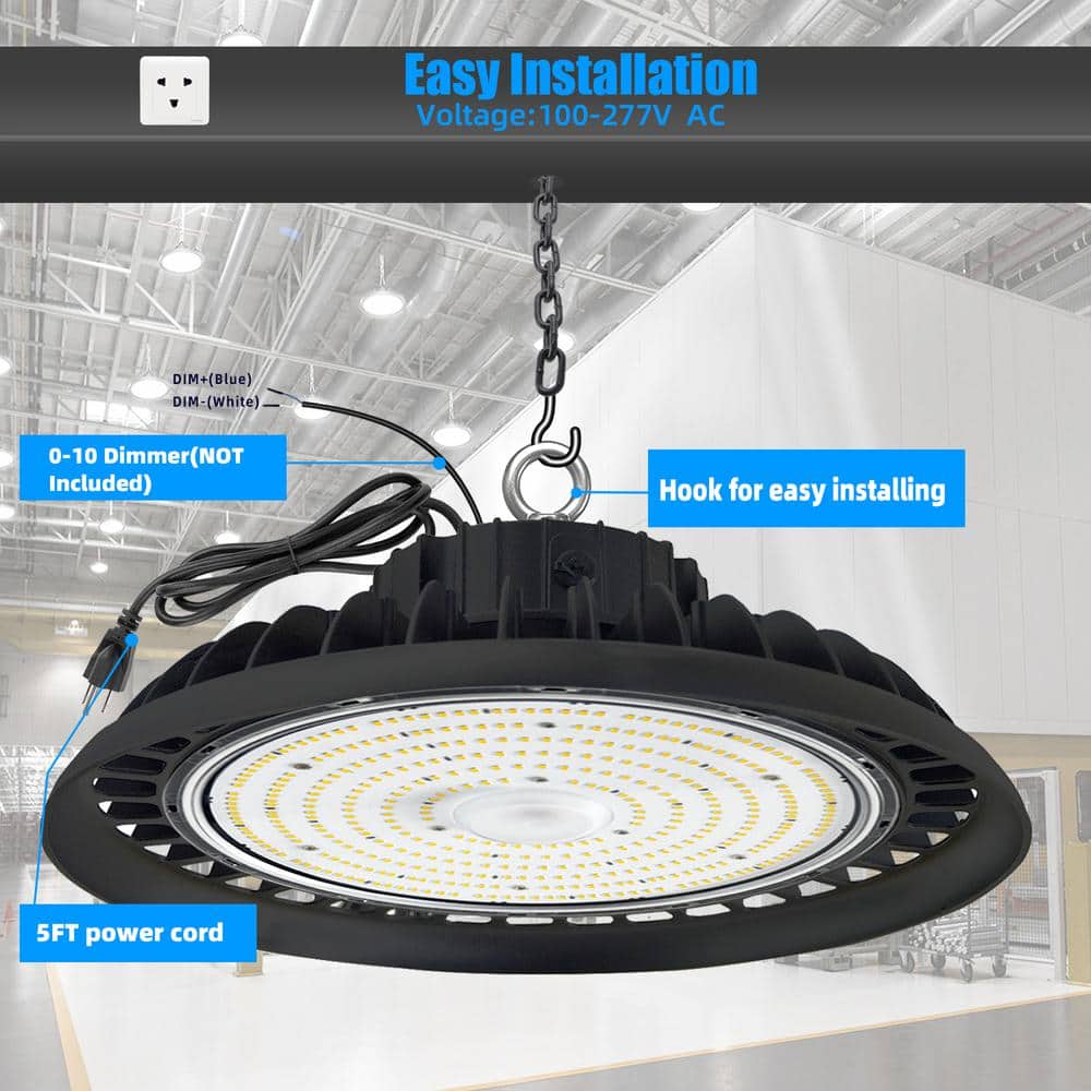 Honbei 11 in. 450-Watt Equivalent Integrated LED Dimmable Black High Bay Light, 5000K UFO High Bay LED Lights for Workshop