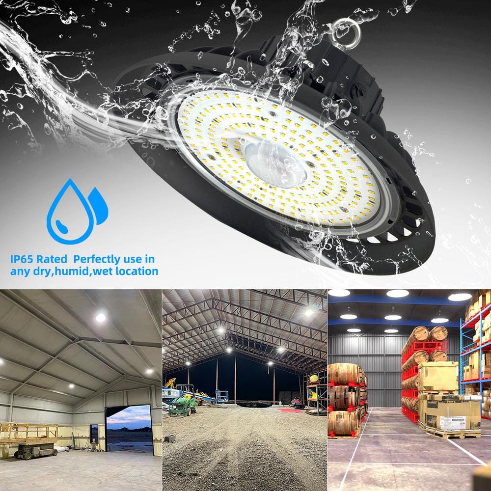 Honbei 11 in. 450-Watt Equivalent Integrated LED Dimmable Black High Bay Light, 5000K UFO High Bay LED Lights for Workshop