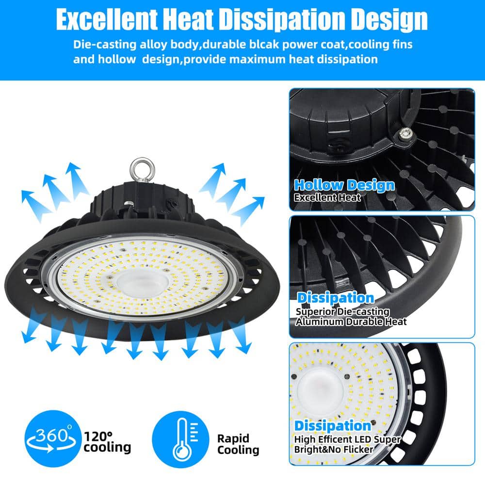 Honbei 11 in. 450-Watt Equivalent Integrated LED Dimmable Black High Bay Light, 5000K UFO High Bay LED Lights for Workshop
