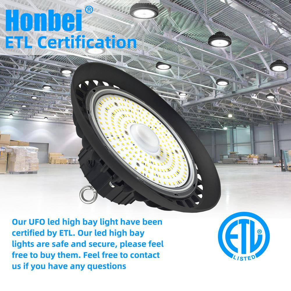 Honbei 11 in. 450-Watt Equivalent Integrated LED Dimmable Black High Bay Light, 5000K UFO High Bay Lights with US Plug 5' Cable