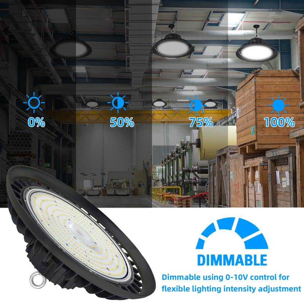 Honbei 11 in. 450-Watt Equivalent Integrated LED Dimmable Black High Bay Light, 5000K UFO High Bay Lights with US Plug 5' Cable