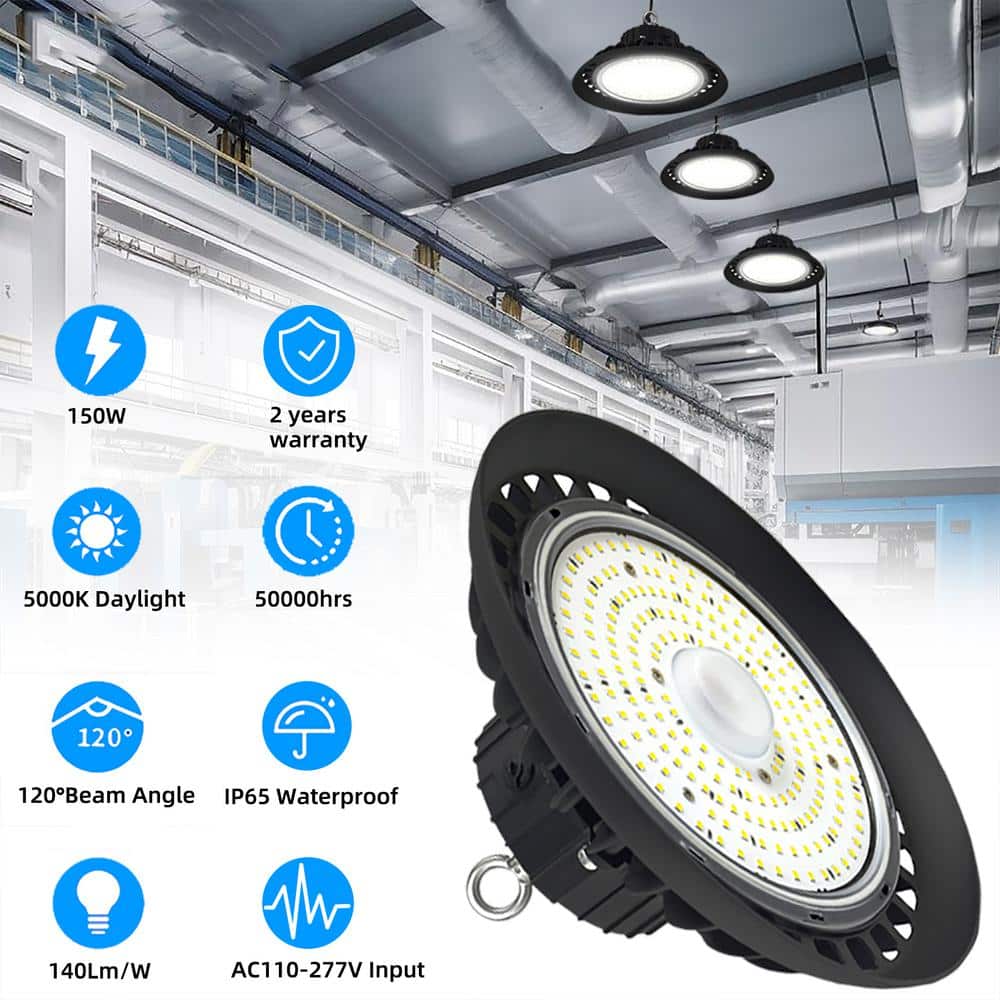 Honbei 11 in. 450-Watt Equivalent Integrated LED Dimmable Black High Bay Light, 5000K UFO High Bay Lights with US Plug 5' Cable