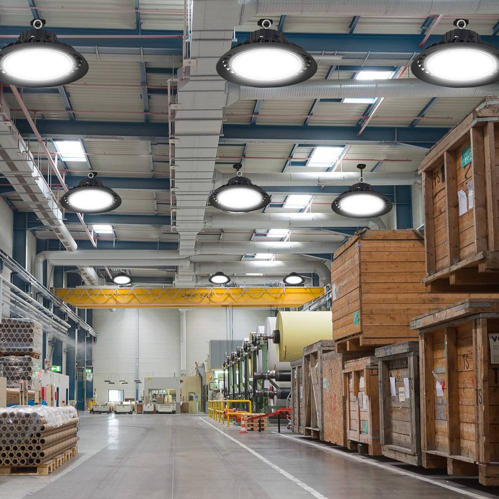 Honbei 11 in. 450-Watt Equivalent Integrated LED Dimmable Black High Bay Light, 5000K UFO High Bay Lights with US Plug 5' Cable