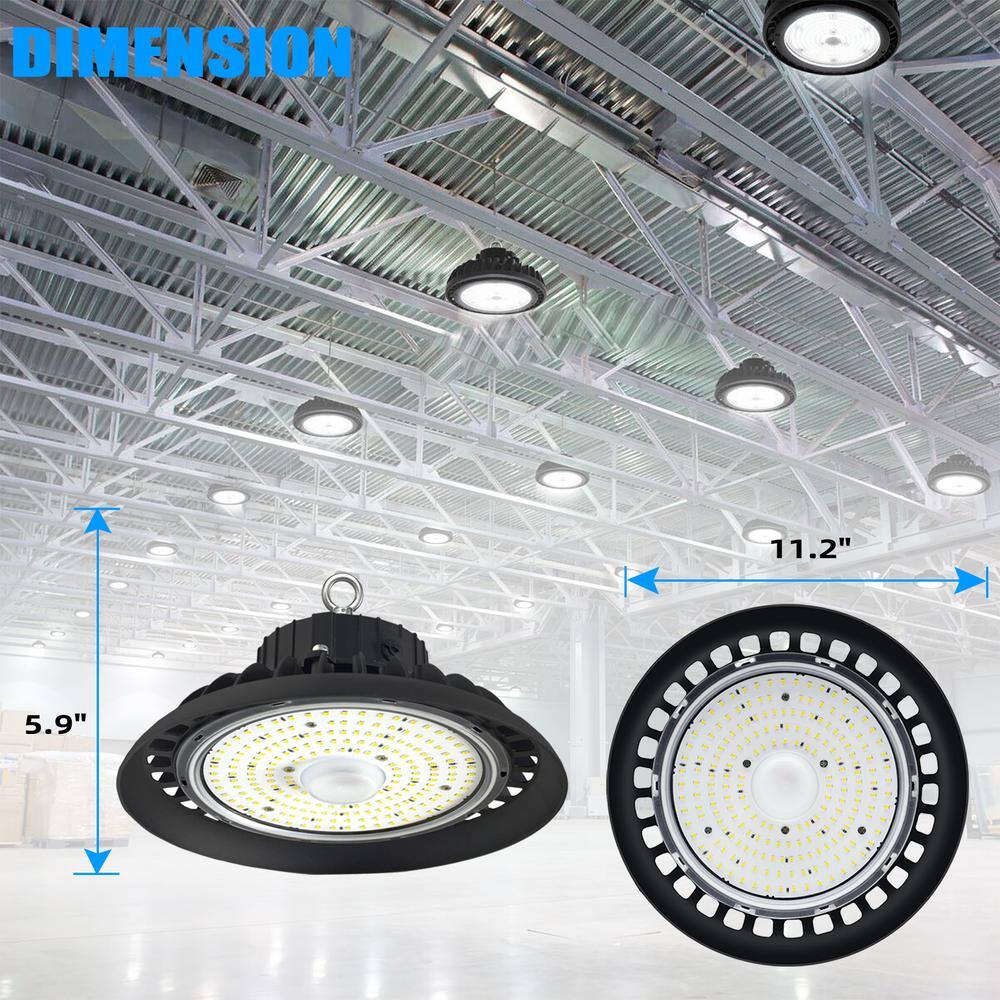 Honbei 11 in. 450-Watt Equivalent Integrated LED Dimmable Black High Bay Light, 5000K UFO High Bay Lights with US Plug 5' Cable